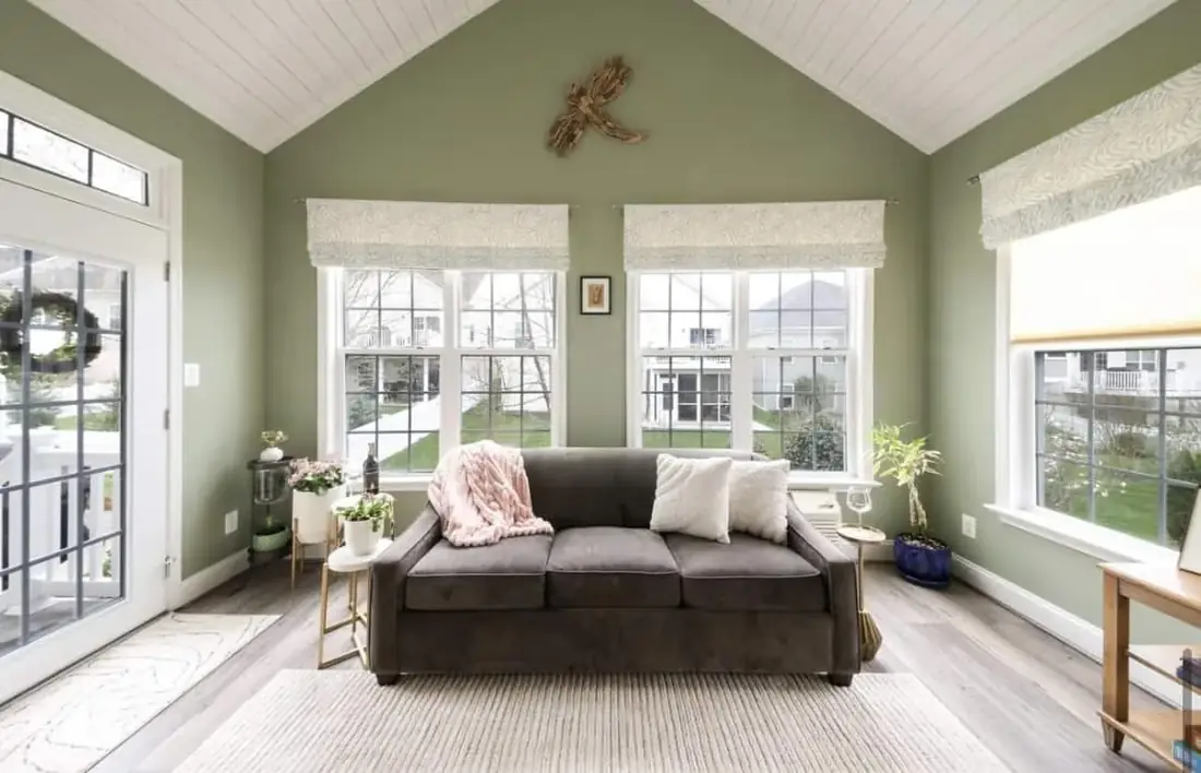 Living room painted in sage green with a white vaulted ceiling